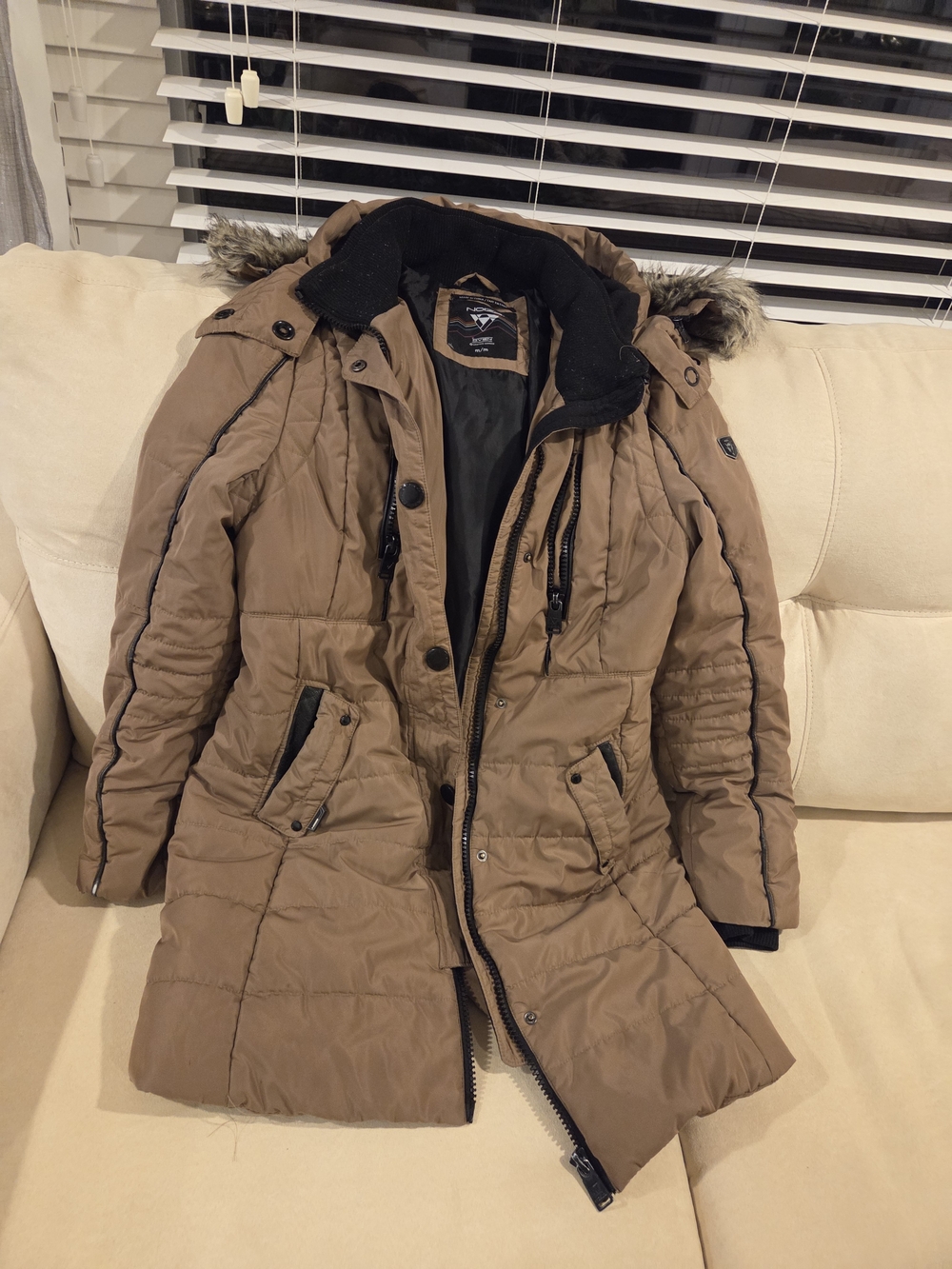Noize Tan Quilted Faux-Fur Trim Hooded Puffer Coat